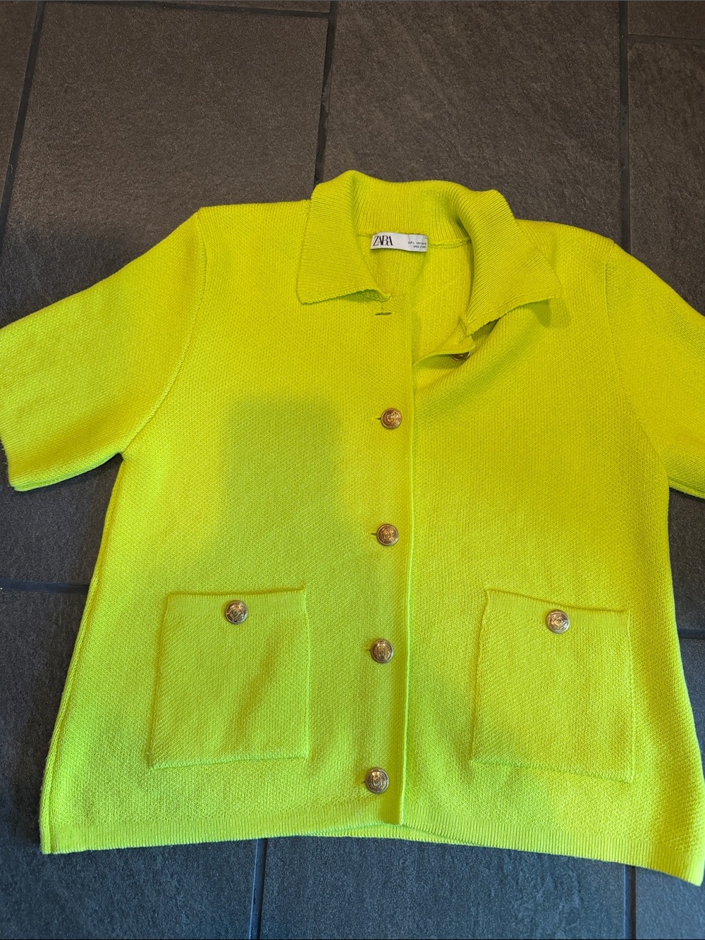 Zara Neon Lime Short-Sleeve Button Front Knit Jacket